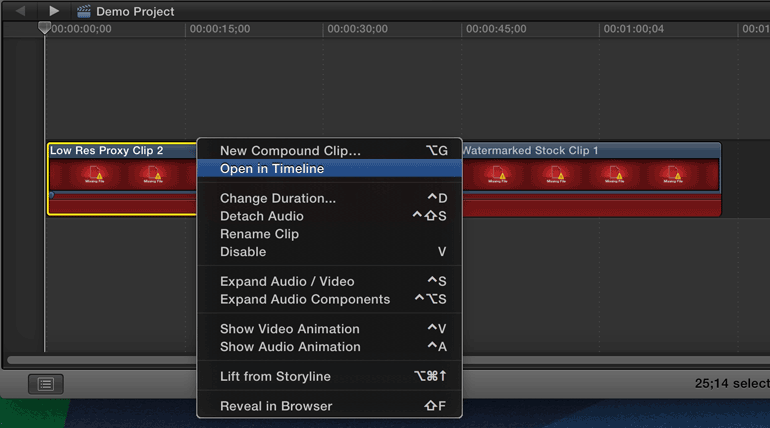final cut pro x open clip in timeline