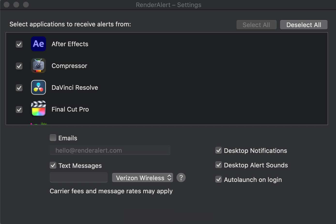 RenderAlert Settings fcpdotco
